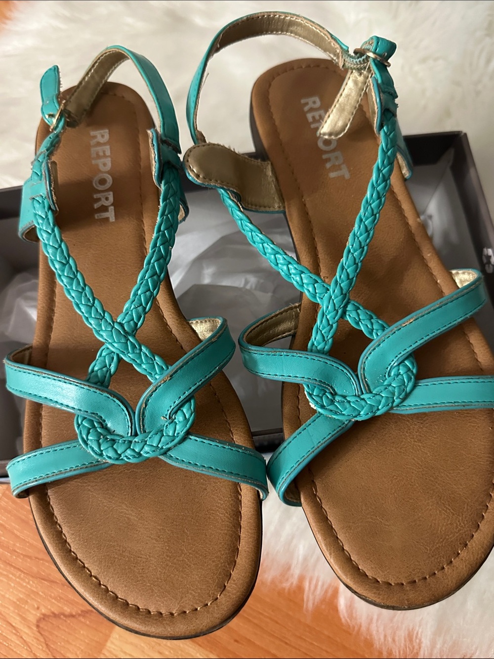 Report Turquoise Braided T-Strap Sandals